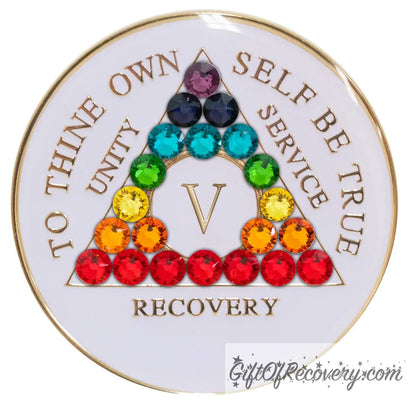 5 year AA medallion pearl white with 21 genuine crystals purple to red, representing each Chakra, AA moto and roman numeral are embossed with 14k gold-plated brass, sealed in a high-quality, chip and scratch-resistant resin dome giving it a beautiful glossy look that will last.