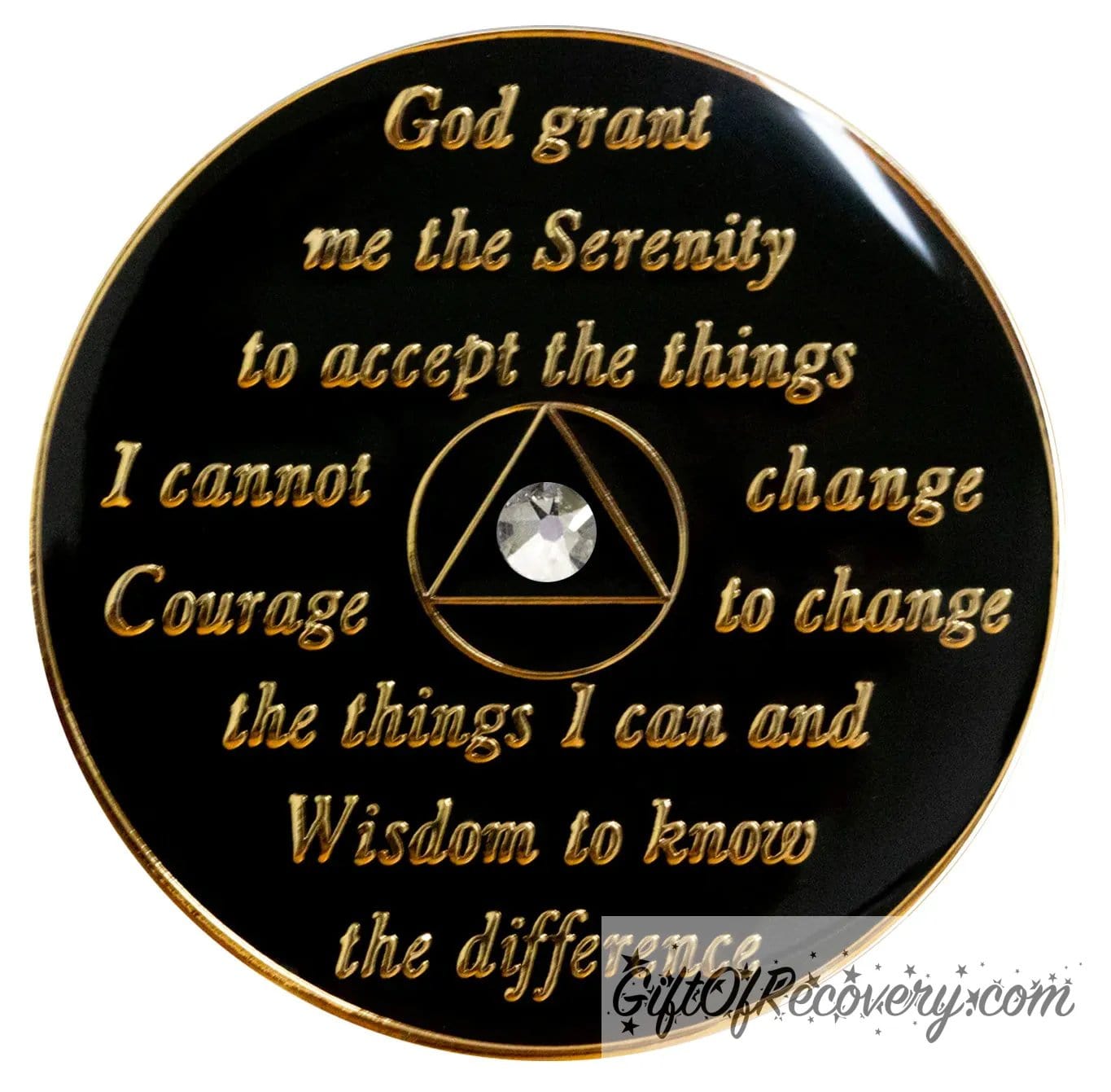 Back of chakra AA recovery medallion is black onyx and has the serenity prayer, outer rim, and the circle triangle in the center 14k gold-plated brass, the circle and triangle are black with one single diamond CZ genuine crystal in the center of the triangle, the recovery medallion is sealed with resin for a shiny finish.