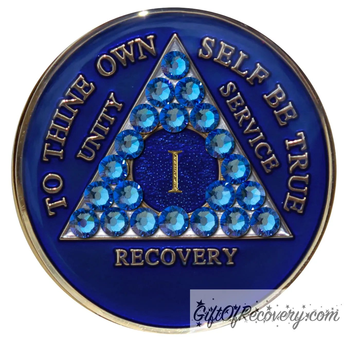 Sobriety Chip AA Crystallized Blue Triplate Sapphire Bling 1 Year