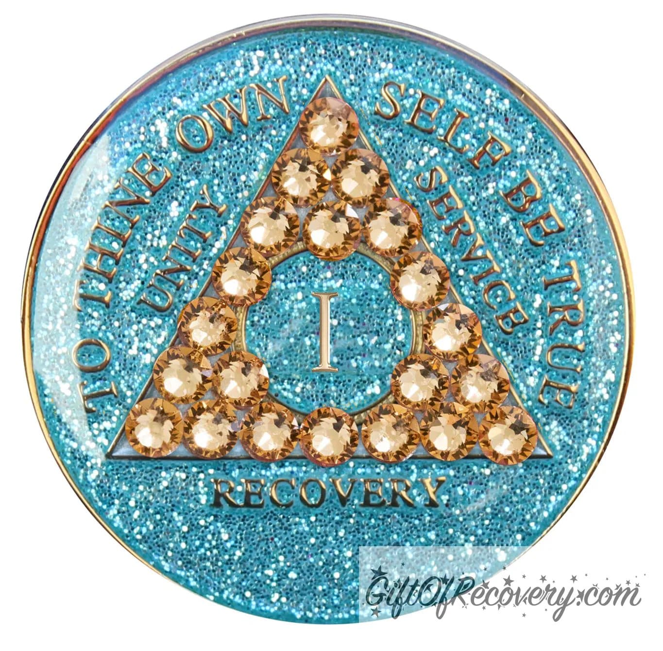 1 year Aqua glitter AA medallion with 21 gold genuine crystal making a triangle in the center, and to thine own self be true, unity, service, recovery, the roman numeral in the center and the rim of the recovery medallion embossed in 14k gold plated brass and sealed with resin for a glossy shine.
