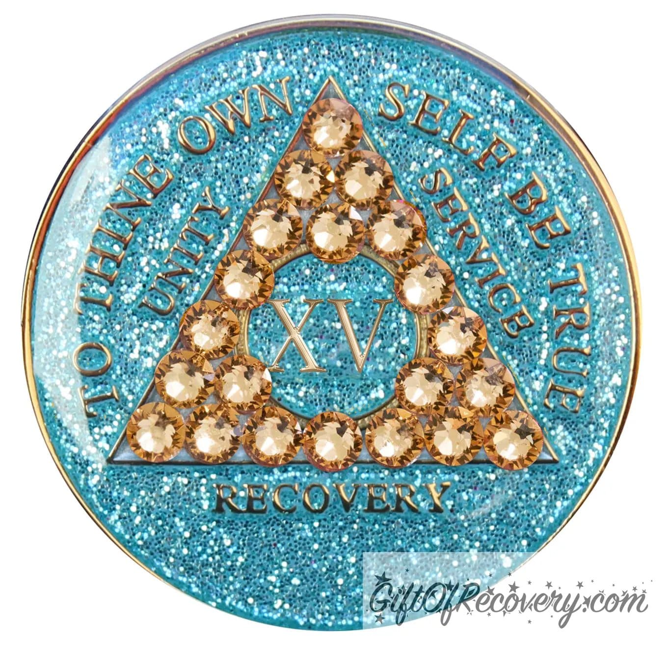 15 year Aqua glitter AA medallion with 21 gold genuine crystal making a triangle in the center, and to thine own self be true, unity, service, recovery, the roman numeral in the center and the rim of the recovery medallion embossed in 14k gold plated brass and sealed with resin for a glossy shine.