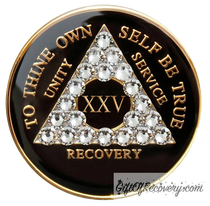 25 year AA medallion black onyx with 21 clear genuine crystals in the shape of the triangle, to thine own self be true, unity, service, recovery, and the roman numeral are embossed with 14k gold-plated brass, the recovery medallion is sealed with resin for a glossy finish that will last and is scratch proof.