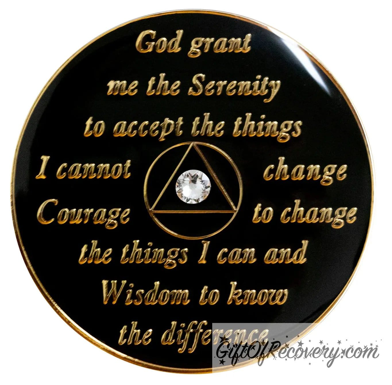 Back of AA recovery medallion is black onyx and has the serenity prayer, outer rim, and the circle triangle in the center embossed with 14k gold-plated brass, the circle in the middle is black and the triangle is black onyx with a single clear genuine crystal, AA medallion is sealed in resin for a glossy finish.