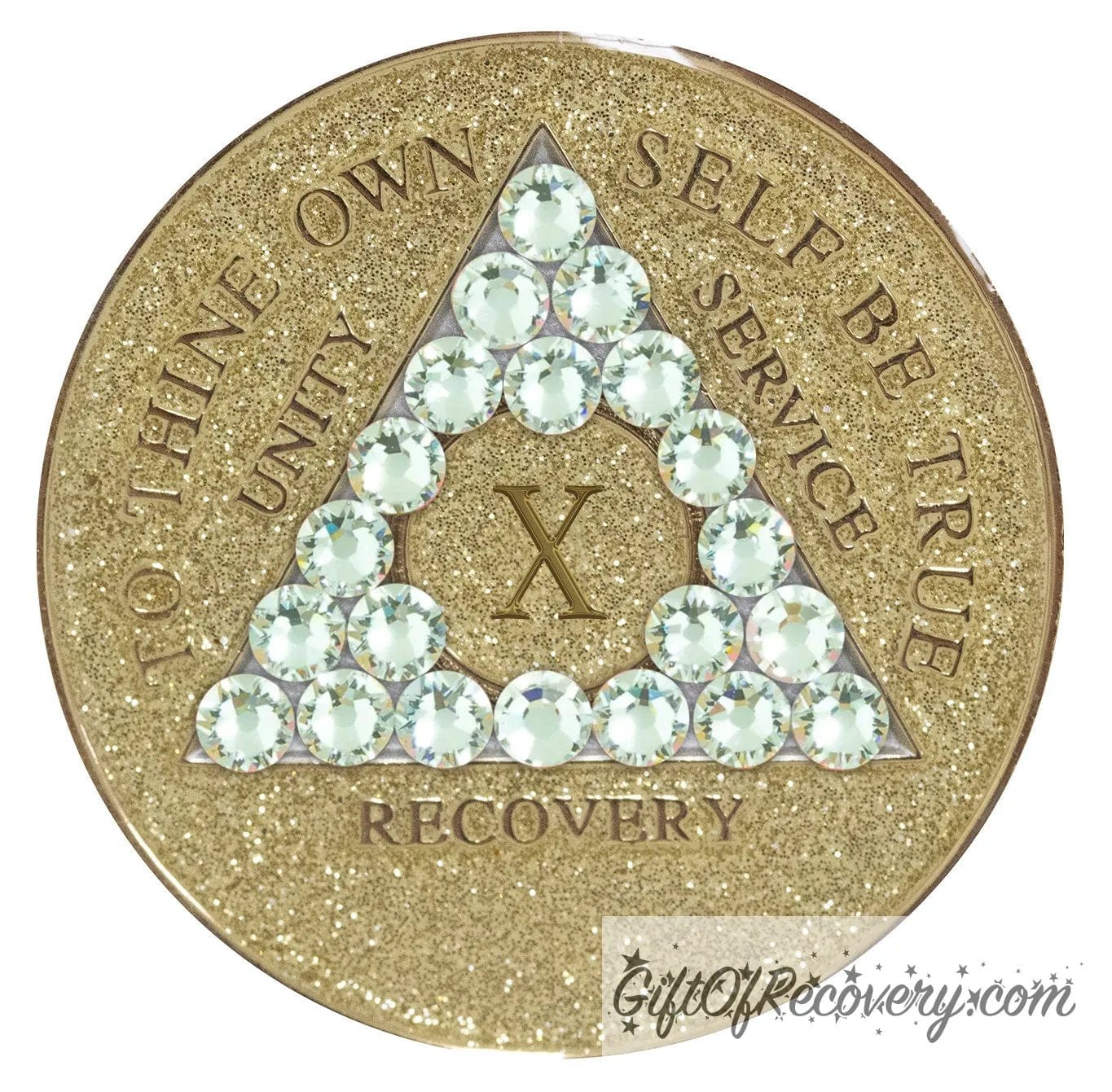 10 year AA medallion in gold glitter with twenty-one genuine diamond CZ crystals in the shape of a triangle, symbolizing transformation under pressure, to thine own self be true, unity, service, recovery and roman numeral are embossed with 14k gold-plated brass along with outer rim, sealed in a chip and scratch-resistant resin giving it a beautiful glossy look.