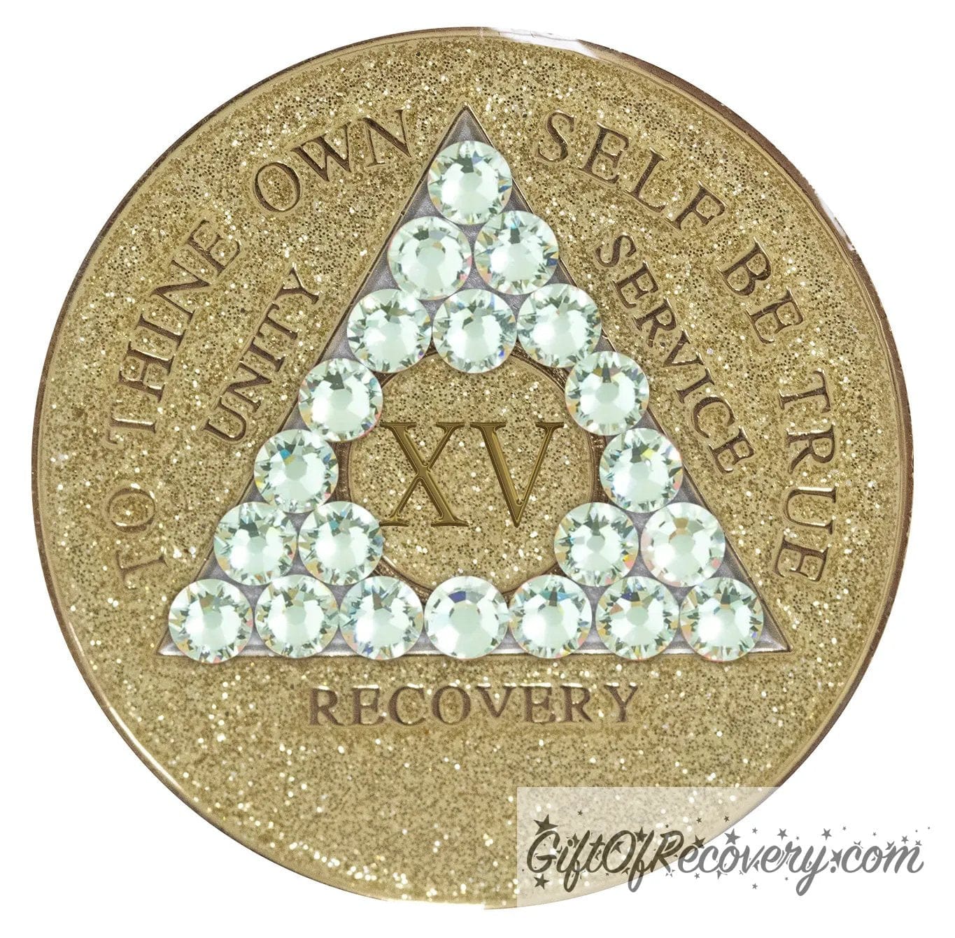 15 year AA medallion in gold glitter with twenty-one genuine diamond CZ crystals in the shape of a triangle, symbolizing transformation under pressure, to thine own self be true, unity, service, recovery and roman numeral are embossed with 14k gold-plated brass along with outer rim, sealed in a chip and scratch-resistant resin giving it a beautiful glossy look.
