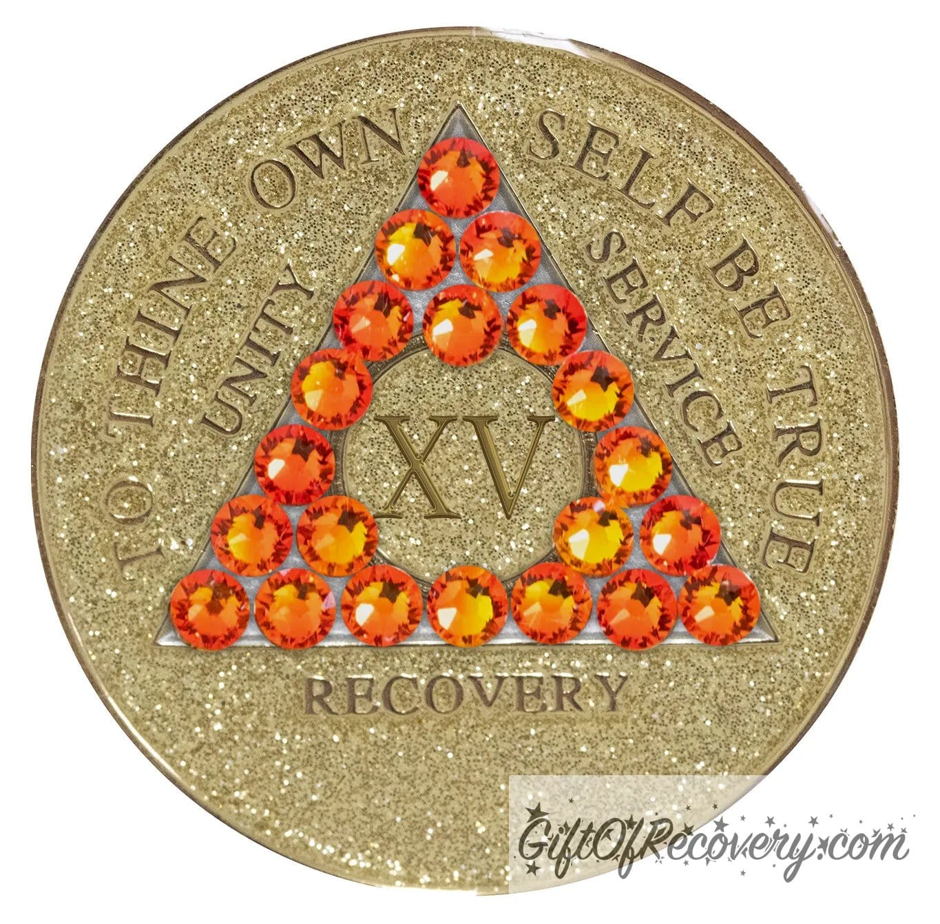 15 year Gold glitter AA medallion with twenty-one fire opal genuine crystals in the shape of a triangle, to thine own self be true, unity, service, recovery embossed in 14k gold-plated brass along with the rim of the medallion, sealed in a high-quality, chip and scratch-resistant resin dome giving it a beautiful glossy look that will last.