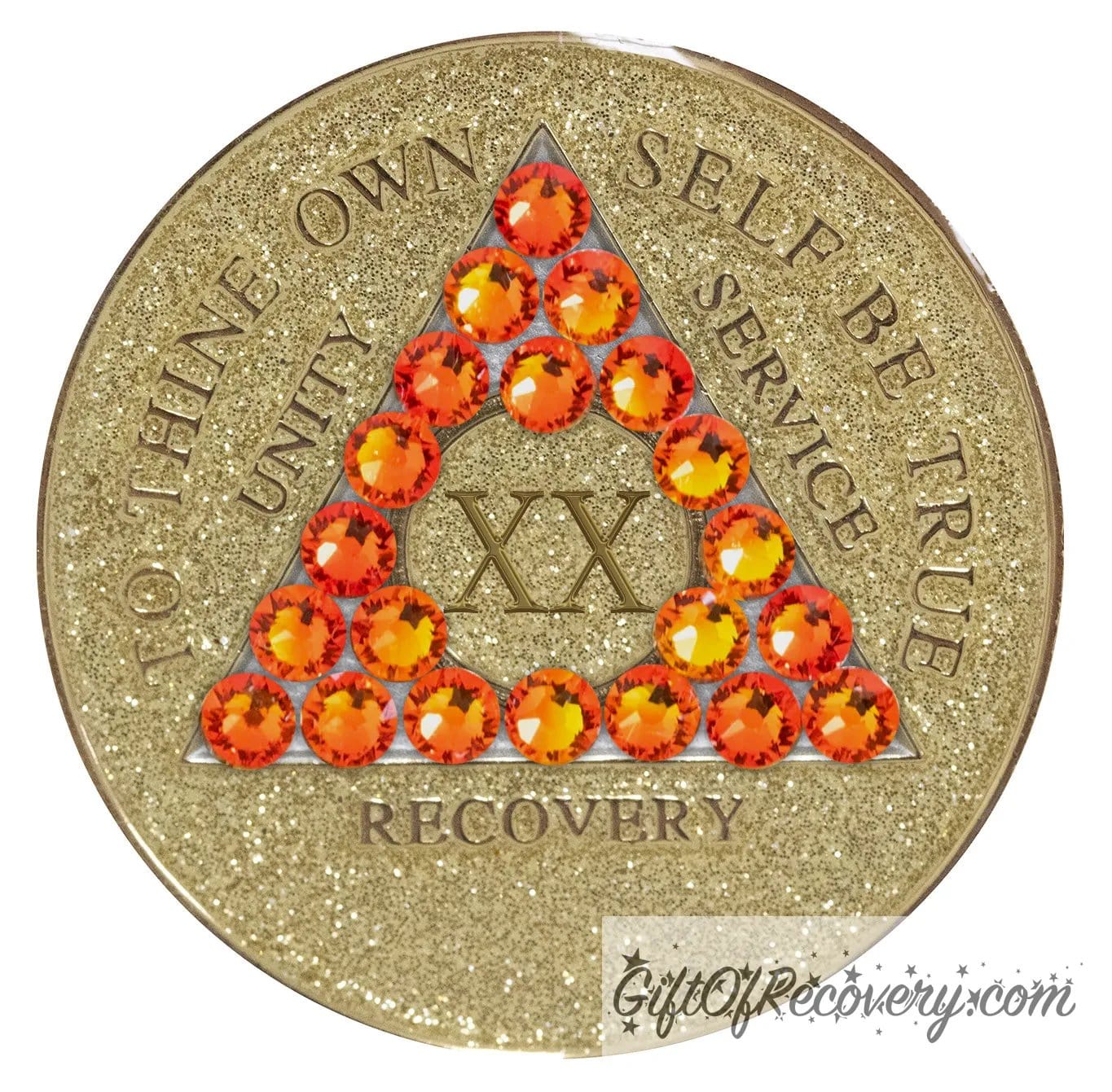 20 year Gold glitter AA medallion with twenty-one fire opal genuine crystals in the shape of a triangle, to thine own self be true, unity, service, recovery embossed in 14k gold-plated brass along with the rim of the medallion, sealed in a high-quality, chip and scratch-resistant resin dome giving it a beautiful glossy look that will last.
