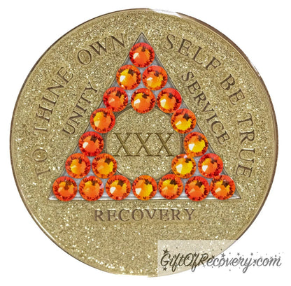 30 year Gold glitter AA medallion with twenty-one fire opal genuine crystals in the shape of a triangle, to thine own self be true, unity, service, recovery embossed in 14k gold-plated brass along with the rim of the medallion, sealed in a high-quality, chip and scratch-resistant resin dome giving it a beautiful glossy look that will last.