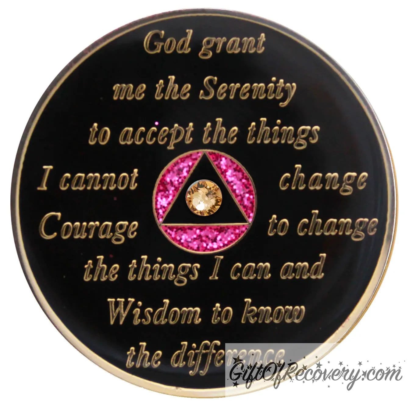 Back of pink glitter Princess gold crystalized AA recovery medallion is black onyx and has the serenity prayer, outer rim, and the circle triangle in the center 14k gold-plated brass, the circle is glitter princess pink and triangle is black with one single gold CZ genuine crystal in the center of the triangle, the recovery medallion is sealed with resin for a shiny finish.