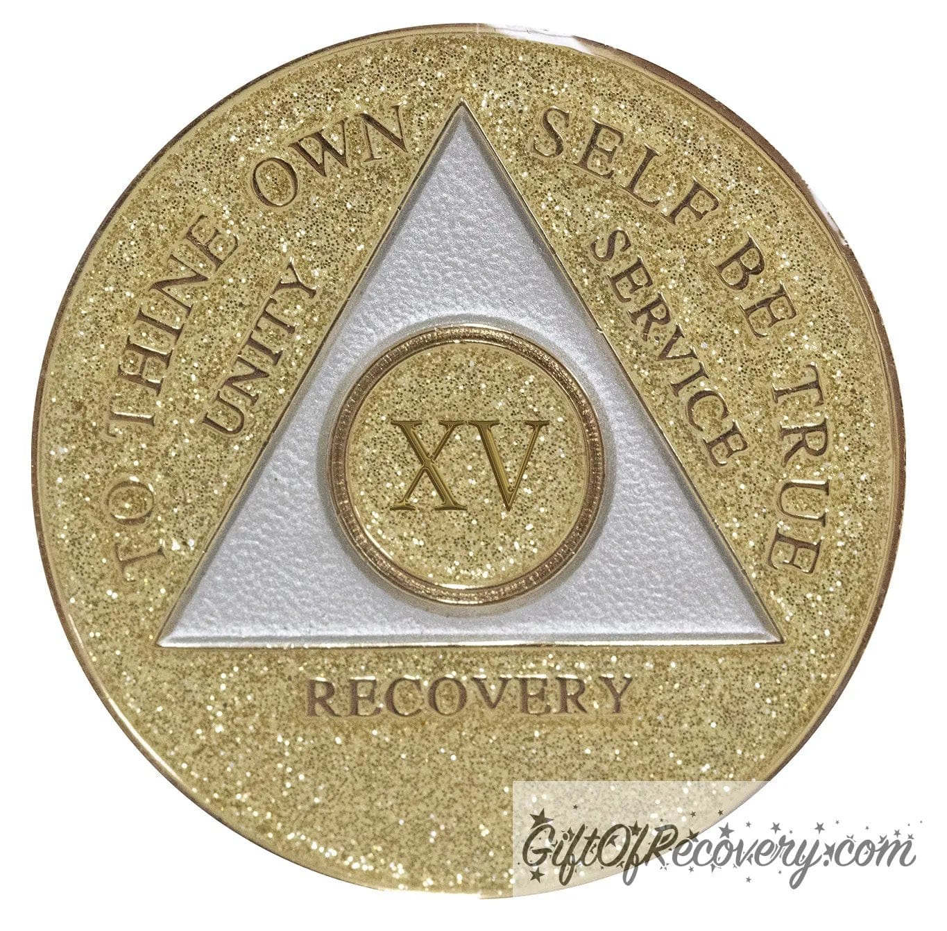 15 year AA medallion Gold glitter, with the triangle pearl white and to thine own self be true, unity, service, recovery, and the roman numeral embossed with 14k gold-plated brass, the recovery medallion is sealed with resin for a shiny finish that will last and is scratch proof.