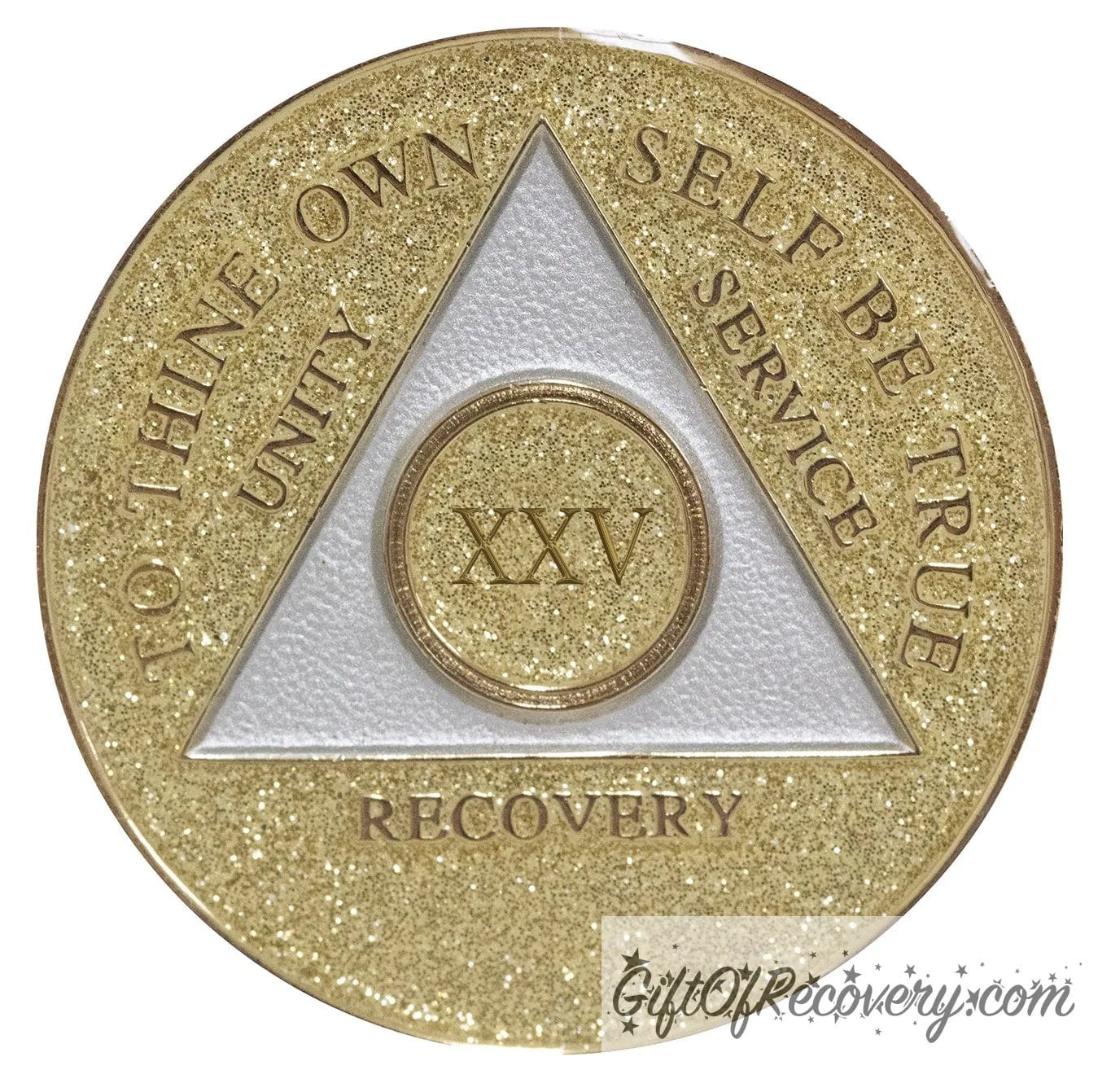 25 year AA medallion Gold glitter, with the triangle pearl white and to thine own self be true, unity, service, recovery, and the roman numeral embossed with 14k gold-plated brass, the recovery medallion is sealed with resin for a shiny finish that will last and is scratch proof.