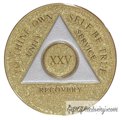 25 year AA medallion Gold glitter, with the triangle pearl white and to thine own self be true, unity, service, recovery, and the roman numeral embossed with 14k gold-plated brass, the recovery medallion is sealed with resin for a shiny finish that will last and is scratch proof.