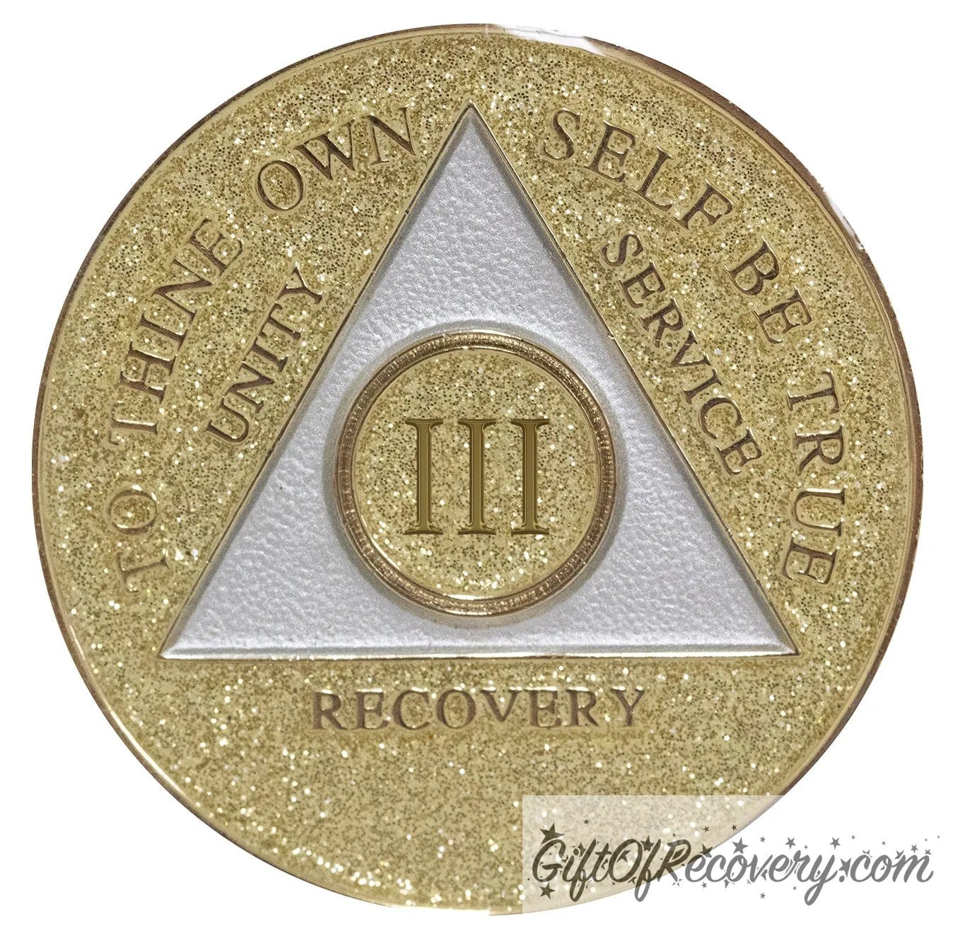 3 year AA medallion Gold glitter, with the triangle pearl white and to thine own self be true, unity, service, recovery, and the roman numeral embossed with 14k gold-plated brass, the recovery medallion is sealed with resin for a shiny finish that will last and is scratch proof.