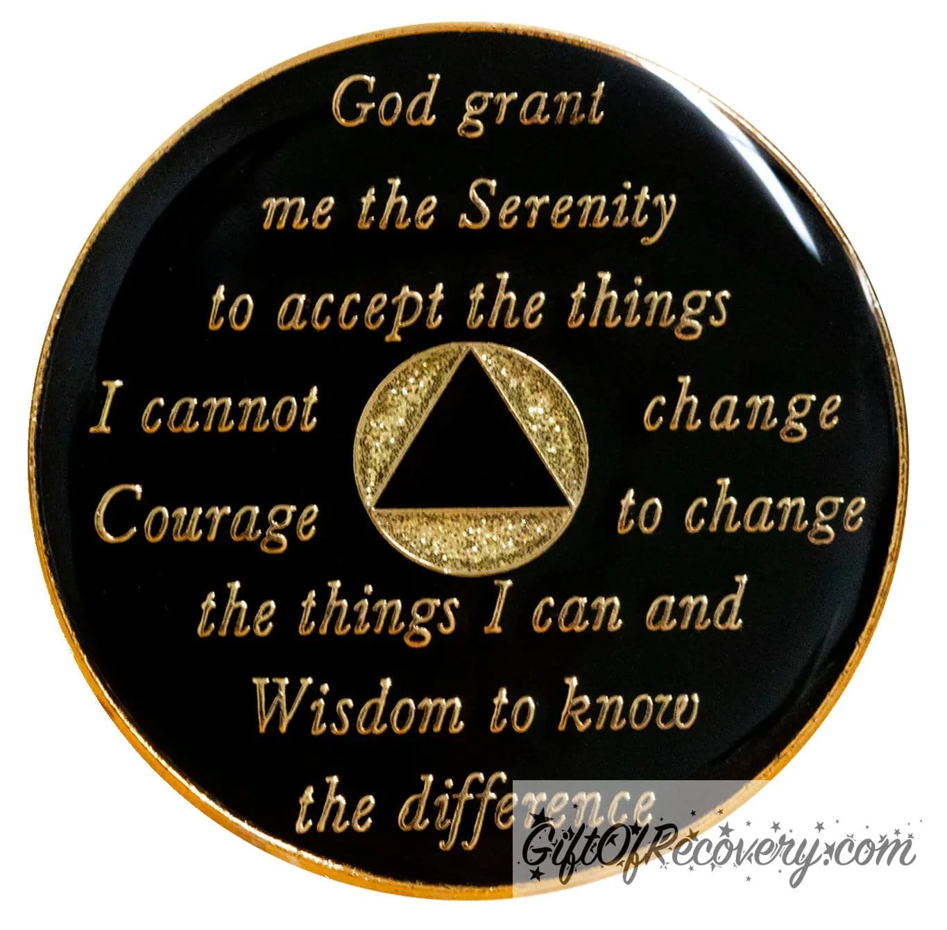 Back of AA recovery medallion is black onyx and has the serenity prayer, outer rim, and the circle triangle in the center embossed with 14k gold-plated brass, the circle in the middle is gold glitter and the triangle is black onyx, AA medallion is sealed in resin for a glossy finish.