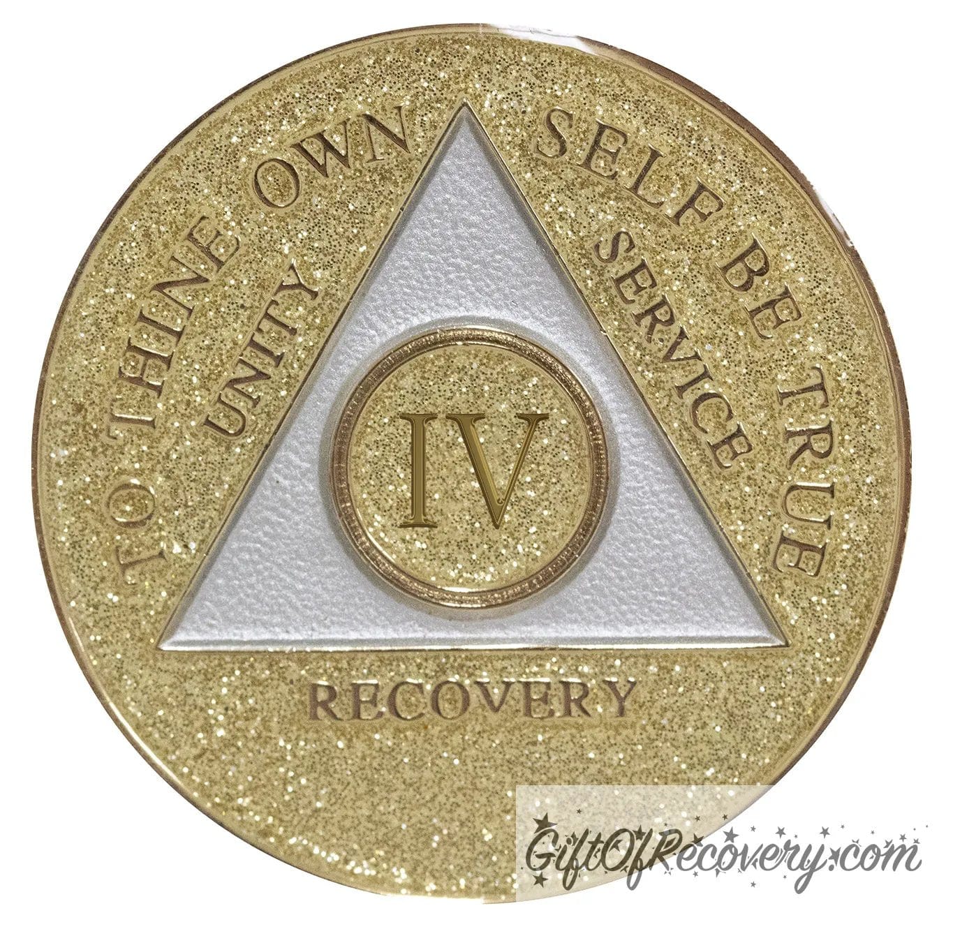 4 year AA medallion Gold glitter, with the triangle pearl white and to thine own self be true, unity, service, recovery, and the roman numeral embossed with 14k gold-plated brass, the recovery medallion is sealed with resin for a shiny finish that will last and is scratch proof.