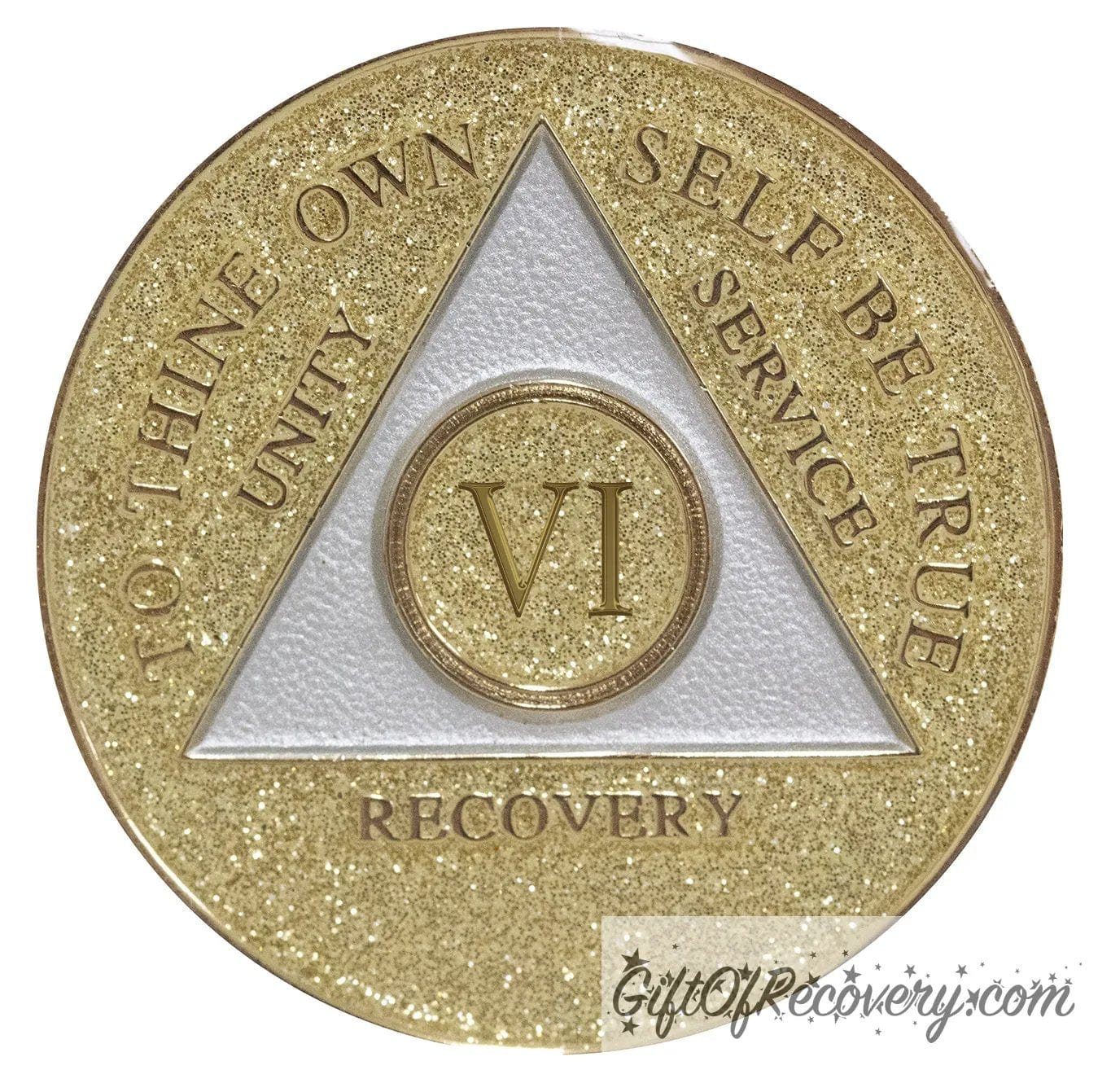 6 year AA medallion Gold glitter, with the triangle pearl white and to thine own self be true, unity, service, recovery, and the roman numeral embossed with 14k gold-plated brass, the recovery medallion is sealed with resin for a shiny finish that will last and is scratch proof.