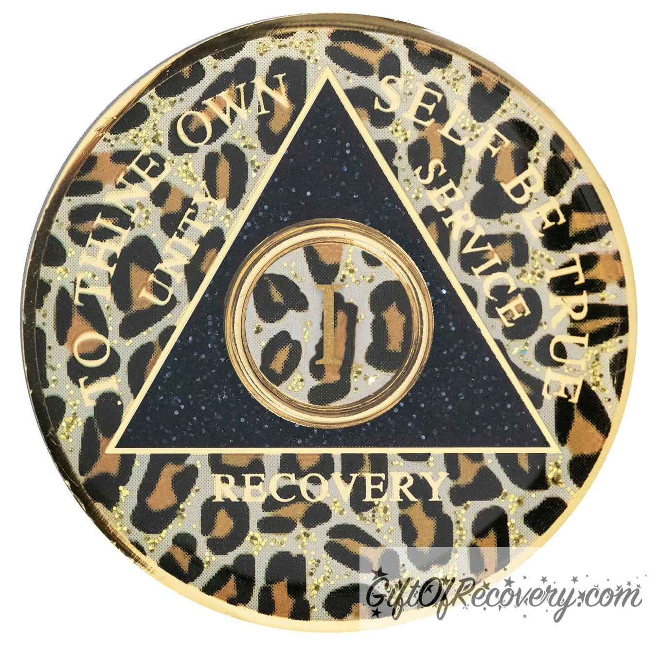 1 year AA medallion leopard print with gold flaked spots, to thine own self be true, unity, service, recovery, and roman numeral are gold foil so you can let your recovery shine, not your time, the circle triangle is embossed with 14k gold-plated brass, the recovery medallion is sealed with resin for a shiny finish.