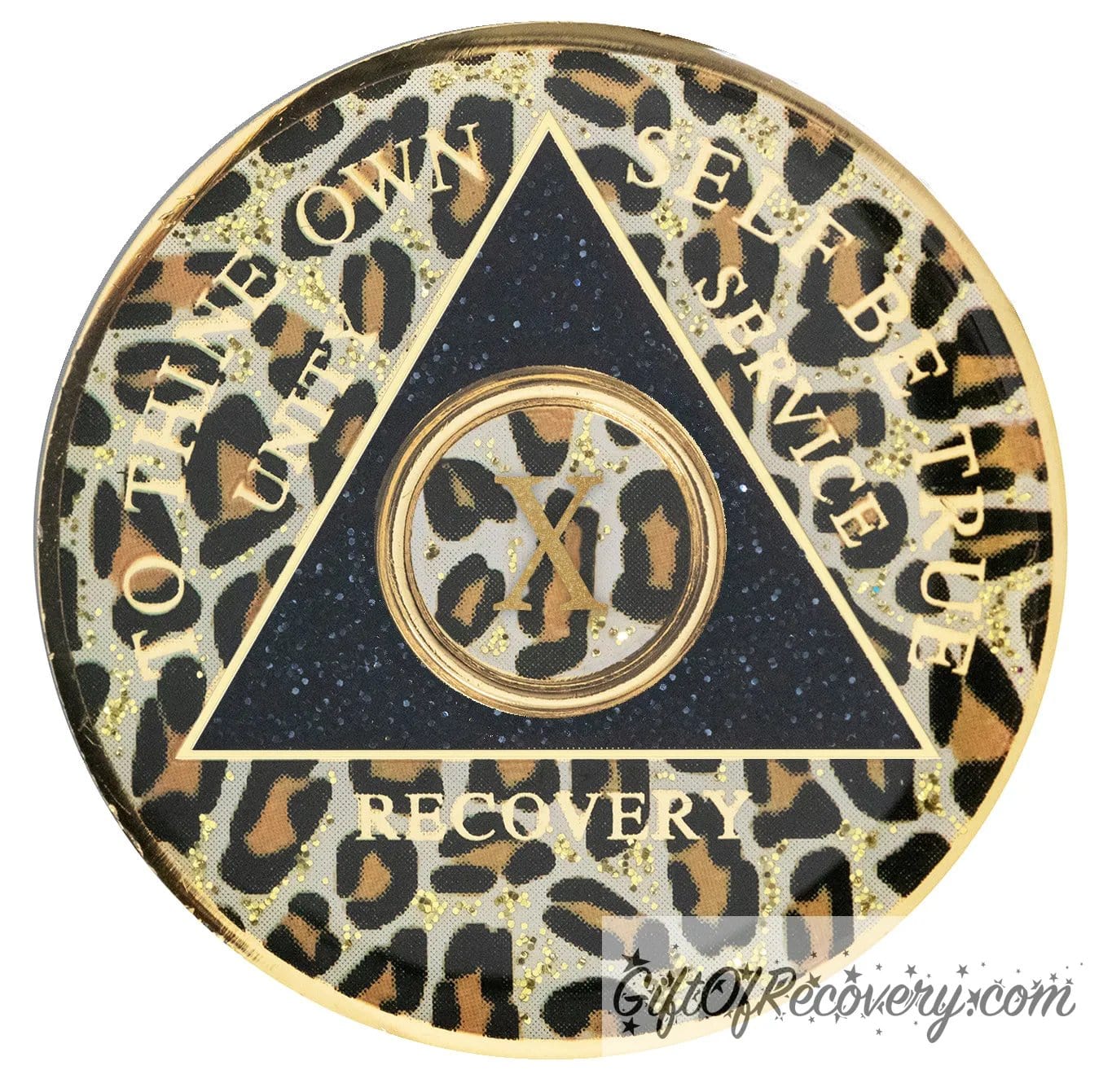 10 year AA medallion leopard print with gold flaked spots, to thine own self be true, unity, service, recovery, and roman numeral are gold foil so you can let your recovery shine, not your time, the circle triangle is embossed with 14k gold-plated brass, the recovery medallion is sealed with resin for a shiny finish.