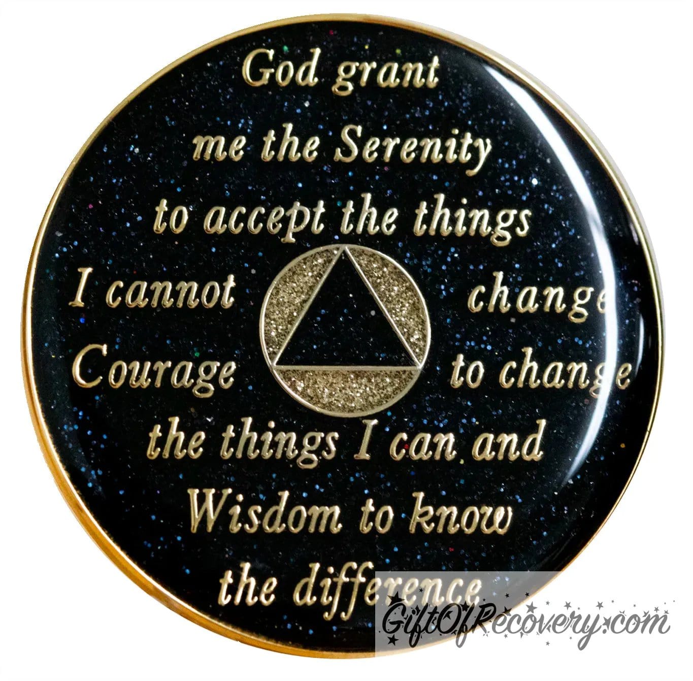 Back of AA leopard recovery medallion is black onyx glitter and has the serenity prayer, outer rim, and the circle triangle in the center embossed with 14k gold-plated brass, the circle in the middle is gold glitter, AA medallion is sealed in resin for a glossy finish.