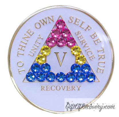 Sobriety Chip AA Pansexual Bling Crystallized White Triplate 5