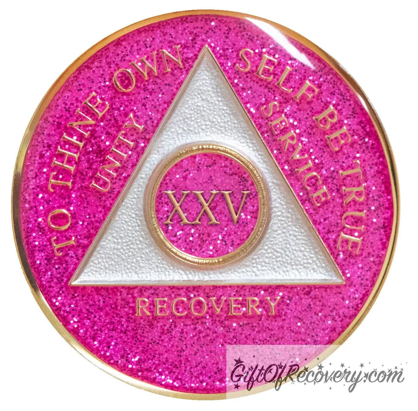Sobriety Chip AA Pink Glitter Triplate 25 Years