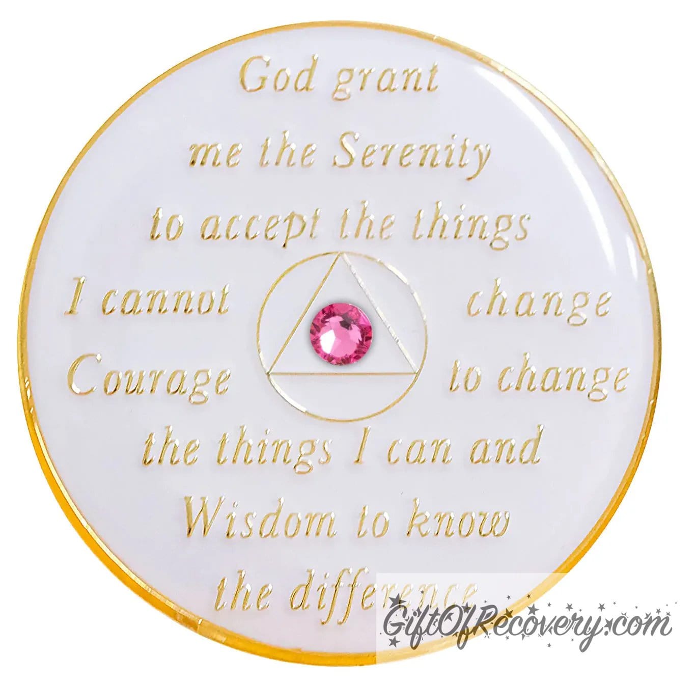 Back of pearl white AA medallion, with serenity prayer, and circle triangle in 14k gold plated brass and 1 pink genuine crystal in the center of the triangle. 