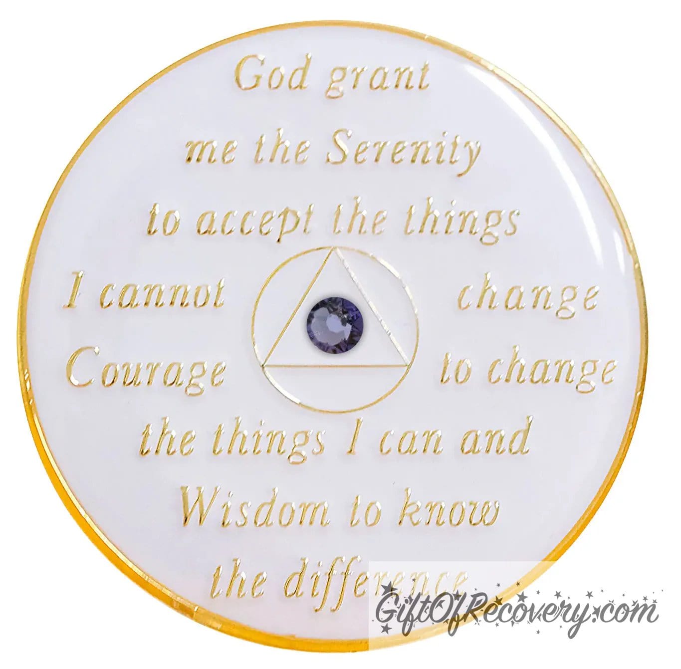 Back of AA medallion is pearl white with the serenity prayer and circle triangle embossed in 14k gold-plated brass, with one single purple genuine crystal in the center of the triangle, sealed in a high-quality, chip and scratch-resistant resin dome giving it a beautiful glossy look that will last.