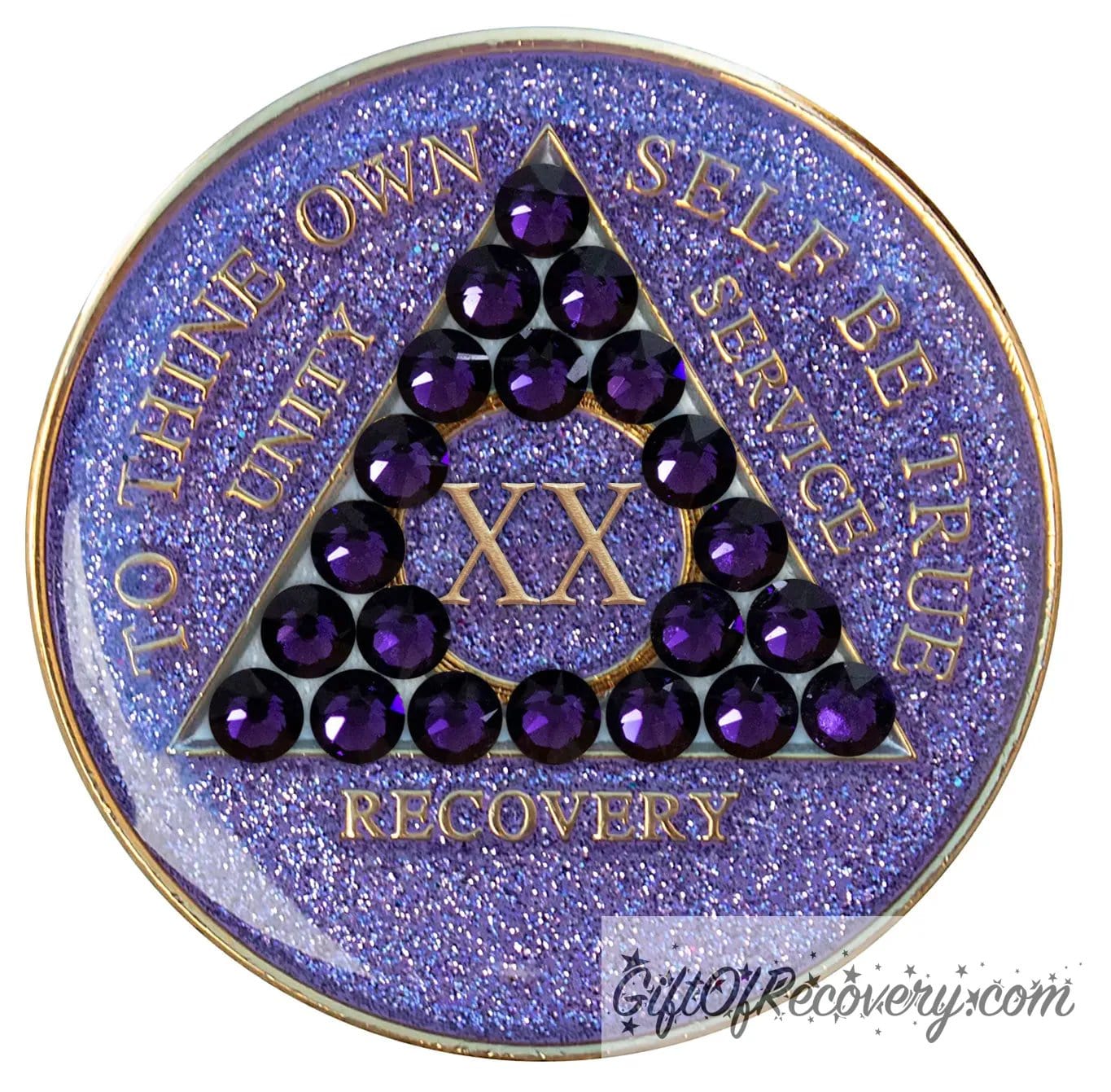 20 year glitter purple AA medallion with 21 purple velvet genuine crystals, that create the triangle in middle, and to thine own self be true, unity, service, recovery, the roman numeral in the center of the circle triangle, along with the rim of the recovery medallion, are embossed in 14 gold plated brass, sealed in resin for glossy finish.