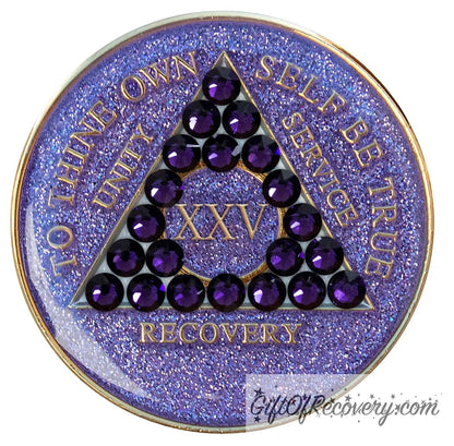 25 year glitter purple AA medallion with 21 purple velvet genuine crystals, that create the triangle in middle, and to thine own self be true, unity, service, recovery, the roman numeral in the center of the circle triangle, along with the rim of the recovery medallion, are embossed in 14 gold plated brass, sealed in resin for glossy finish.