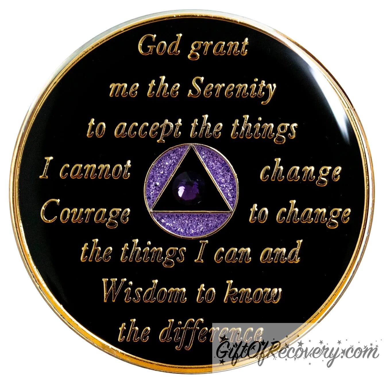 Back of AA recovery medallion is black Onyx and has the raised serenity prayer, outer rim, and the circle triangle in the center in 14k gold, inside the black triangle is 1 genuine purple crystal and the circle is glitter purple, sealed in resin for glossy finish.
