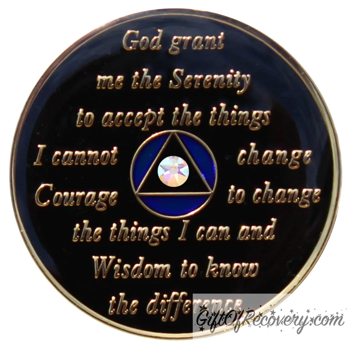 Back of Big Book blue rainbow CZ crystalized AA recovery medallion is black onyx and has the serenity prayer, outer rim, and the circle triangle in the center 14k gold-plated brass, the circle is blue and triangle is black with one single AB CZ genuine crystal in the center of the triangle, the recovery medallion is sealed with resin for a shiny finish.