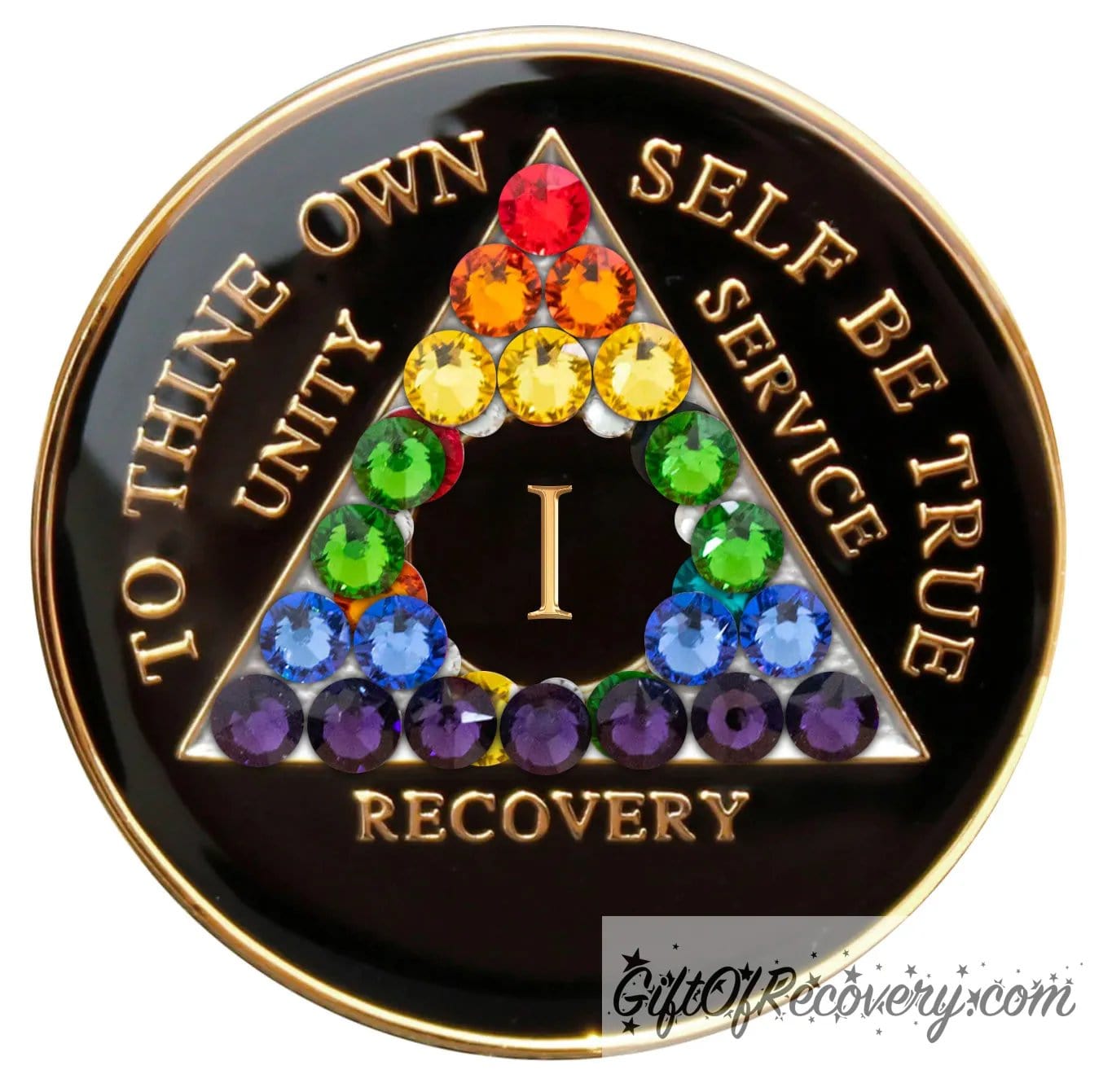 1 year AA medallion with 21 rainbow genuine crystals to represent the LBGTQIA+ community, show your pride with this Black onyx resin sealed recovery medallion that has 14k gold plated brass lettering of to thine own self be true, unity, service, recovery, and the roman numeral.