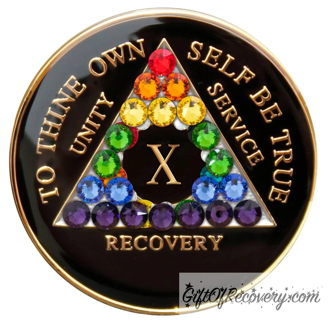 10 year AA medallion with 21 rainbow genuine crystals to represent the LBGTQIA+ community, show your pride with this Black onyx resin sealed recovery medallion that has 14k gold plated brass lettering of to thine own self be true, unity, service, recovery, and the roman numeral.
