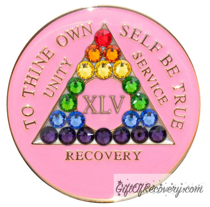 Sobriety Chip AA Rainbow Crystallized Triplate Pink 45