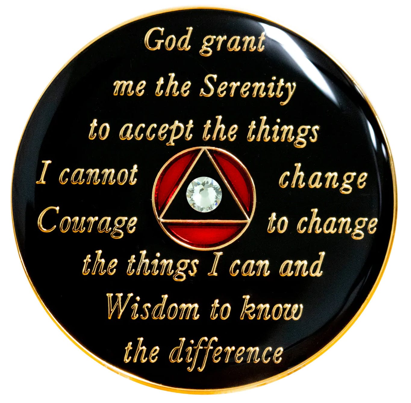Back of Ruby red CZ crystalized AA timeless recovery medallion is black with the circle red and triangle black and has the serenity prayer, outer rim, and the circle triangle in the center 14k gold-plated brass, with one single diamond CZ genuine crystal in the center of the triangle, the recovery medallion is sealed with resin for a shiny finish.