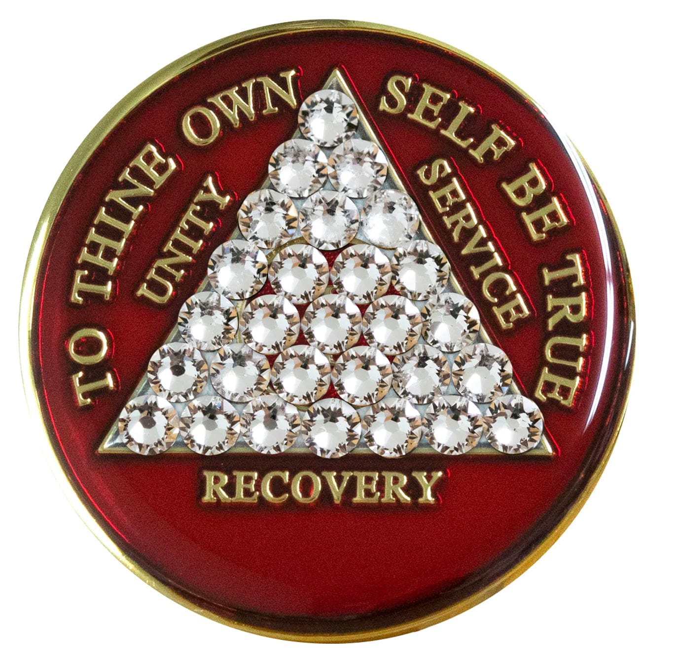 Timeless AA medallion Ruby red with 28 diamond CZ genuine crystals that form the triangle entirely, this is the timeless recovery medallion, shine on with this beauty, we all have one day at a time, the AA slogan and three legacies are embossed with 14k gold-plated brass and sealed with resin for a glossy finish that will last and is scratch proof.