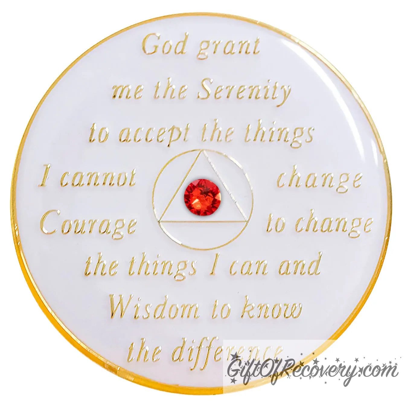 Back of AA medallion is pearl white with the serenity prayer and circle triangle embossed in 14k gold-plated brass, with one single red genuine crystal in the center of the triangle, sealed in a high-quality, chip and scratch-resistant resin dome giving it a beautiful glossy look that will last.