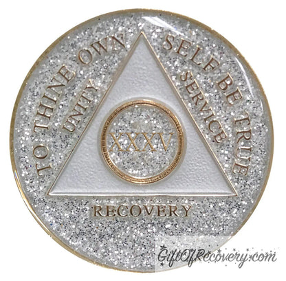 Sobriety Chip AA Silver Glitter Triplate 35 Years
