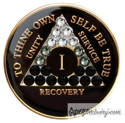 1 year AA recovery medallion black onyx with 21 genuine crystals ranging from clear to grey, to black, representing the transformation of the recovery journey, the AA moto along with unity, service, recovery, roman numeral, and the outer rim of medallion are embossed with 14k gold plated bras, the medallion is sealed in resin for a glossy finish. 