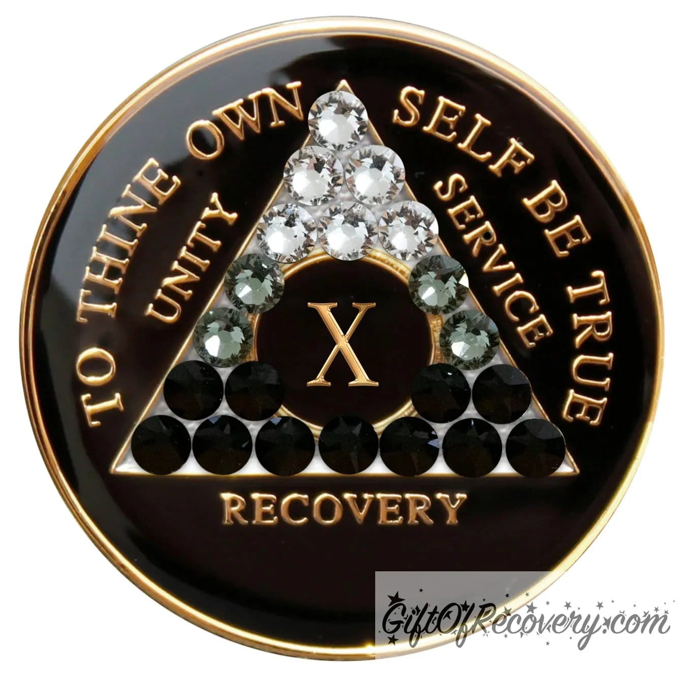 10 year AA recovery medallion black onyx with 21 genuine crystals ranging from clear to grey, to black, representing the transformation of the recovery journey, the AA moto along with unity, service, recovery, roman numeral, and the outer rim of medallion are embossed with 14k gold plated bras, the medallion is sealed in resin for a glossy finish.