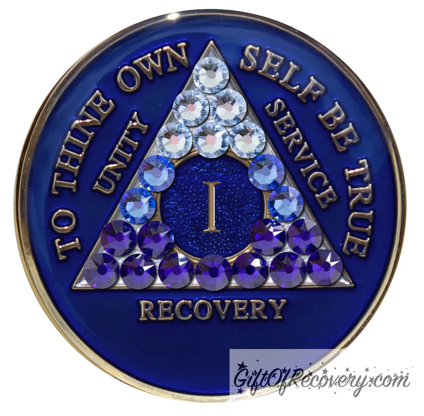 1 year Big Book Blue AA medallion with 21 genuine crystals forming the triangle, going from light to dark blue to represent transitions in your recovery journey, the center circle is blue sparkle, with the roman numeral, AA moto and rim in 14k gold plated brass and resin sealed for a glossy finish.