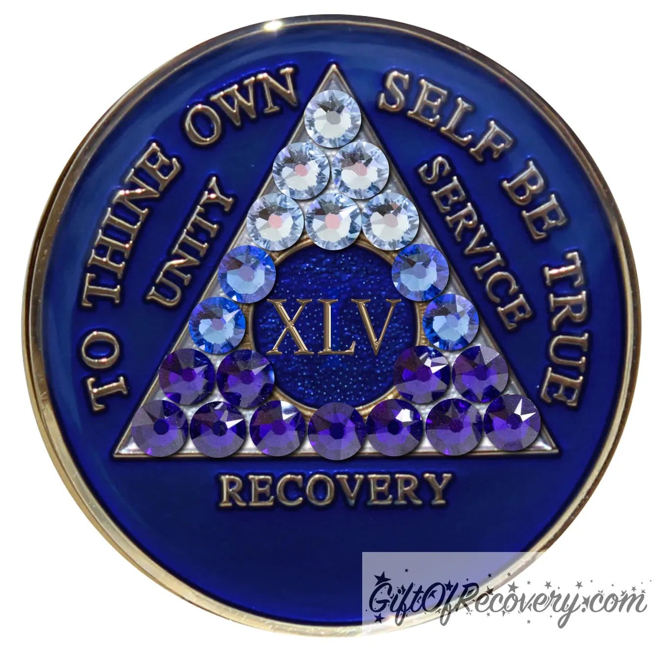 45 year Big Book Blue AA medallion with 21 genuine crystals forming the triangle, going from light to dark blue to represent transitions in your recovery journey, the center circle is blue sparkle, with the roman numeral, AA moto and rim in 14k gold plated brass and resin sealed for a glossy finish.