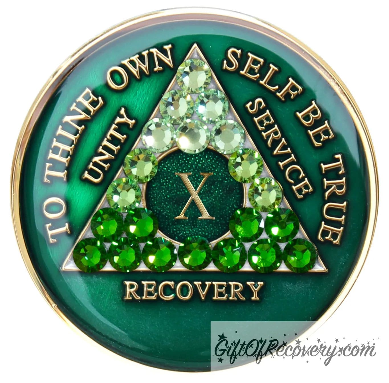 10 year AA medallion, emerald green with 21 genuine green crystals ranging from light to dark green in the shape of the triangle in the center to emphasize the transformation in the recovery journey, to thine own self be true, roman number, unity, service recovery are embossed in 14k gold-plated brass, the middle circle is sparkle green and the recovery medallion is sealed in resin for a shiny finish that lasts.