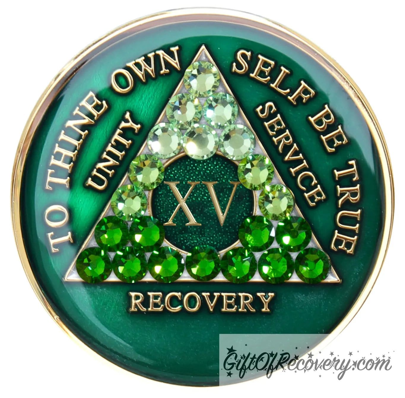 15 year AA medallion, emerald green with 21 genuine green crystals ranging from light to dark green in the shape of the triangle in the center to emphasize the transformation in the recovery journey, to thine own self be true, roman number, unity, service recovery are embossed in 14k gold-plated brass, the middle circle is sparkle green and the recovery medallion is sealed in resin for a shiny finish that lasts.