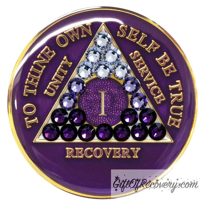 1 year Amethyst purple AA medallion with 21 genuine crystals ranging from light to dark for symbolism of transition, the triangle, circle, roman numeral, unity, recovery, service, and to thine own self be true, are embossed with 14k gold, while the middle of the circle with the roman numeral is purple glitter, the recovery medallion is sealed with resin for a glossy finish. 