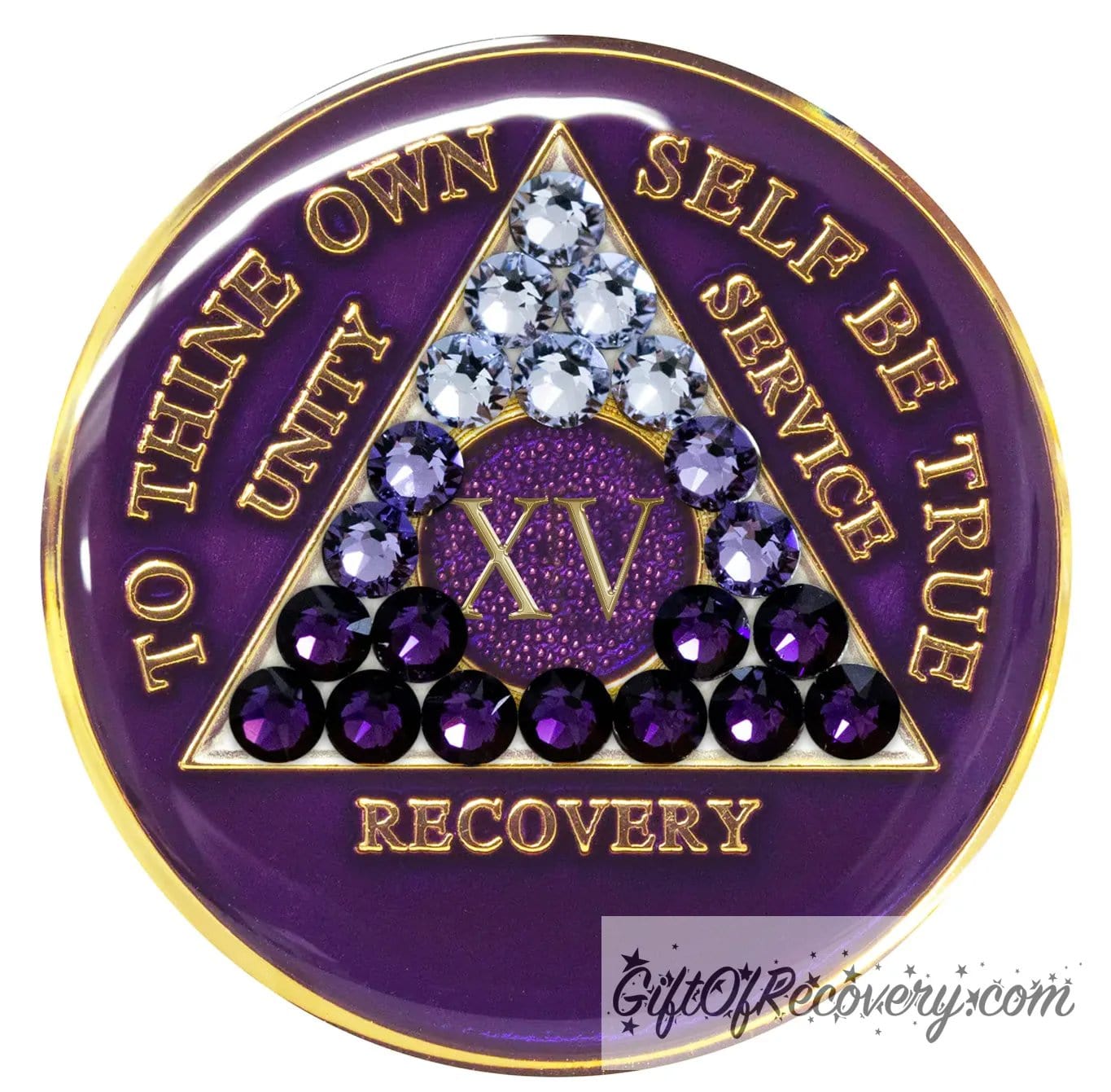 15 year Amethyst purple AA medallion with 21 genuine crystals ranging from light to dark for symbolism of transition, the triangle, circle, roman numeral, unity, recovery, service, and to thine own self be true, are embossed with 14k gold, while the middle of the circle with the roman numeral is purple glitter, the recovery medallion is sealed with resin for a glossy finish.
