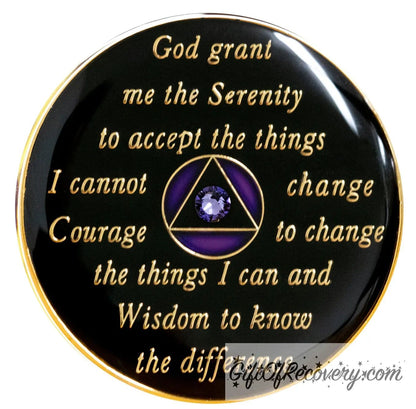Back of AA recovery medallion is black and has the raised serenity prayer, outer rim, and the circle triangle in the center in 14k gold, the circle is purple and inside the black triangle is 1 genuine purple crystal.