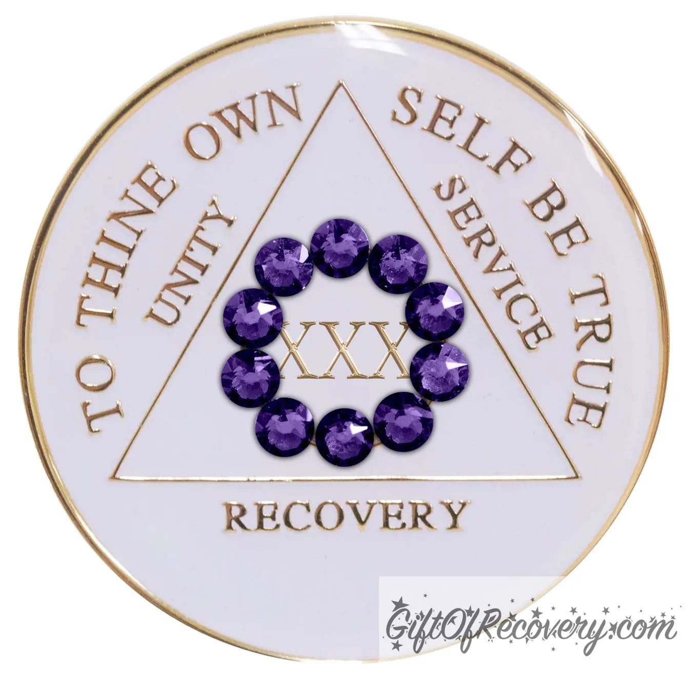 30 year AA medallion in pearl white with ten genuine purple velvet crystal in a circle representing our common welfare and personal recovery, to thine own self be true and other AA moto embossed with 14k gold-plated brass, the recovery medallion is sealed with resin for a scratch free shiny finish.
