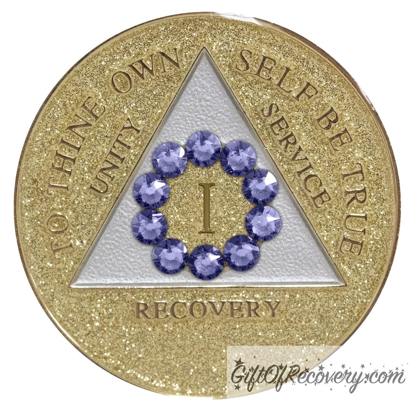 1 year AA medallion gold glitter with ten genuine purple crystal in the shape of a circle around the roman numeral to symbolize our common welfare and personal recovery, and the triangle soft silver, to thine own self be true, unity, service. recovery are embossed with 14k gold-plated brass the recovery medallion is sealed with resin for a scratch free shiny finish.