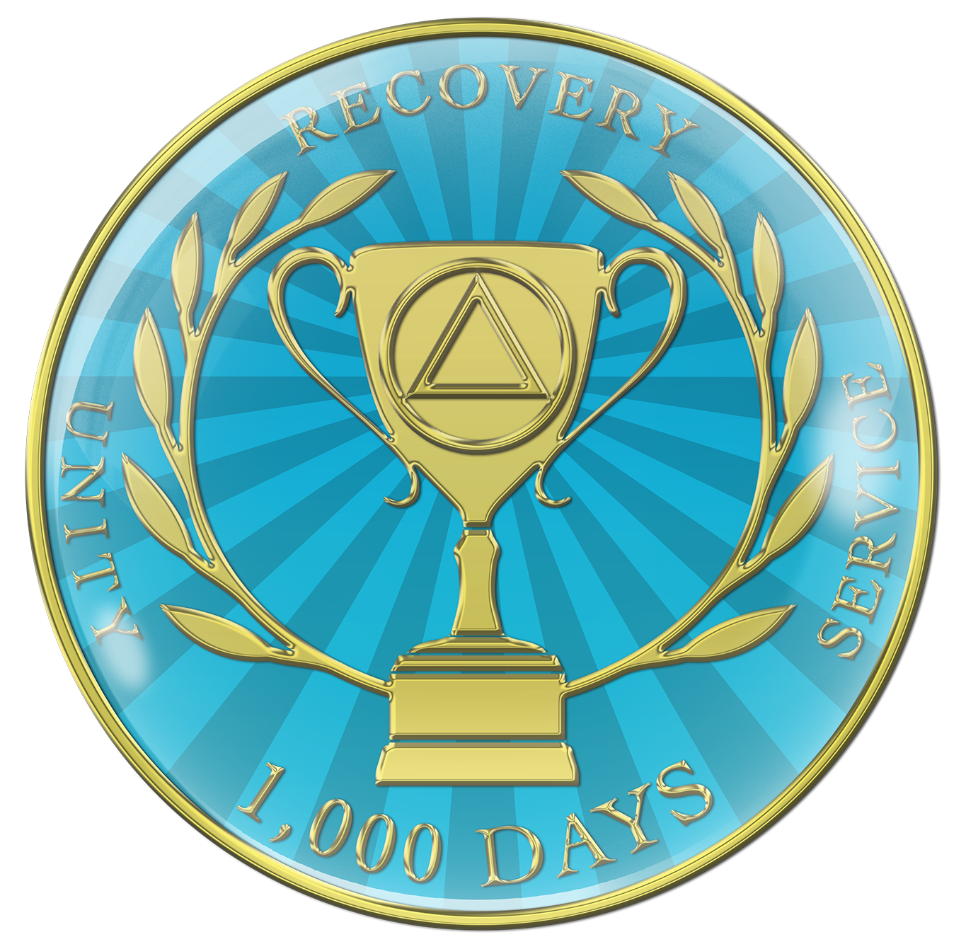AA recovery medallion Aquamarine blue with a trophy cup in the center with an AA symbol on it and Greek leaves on either side, unity, recovery, service, and 1,000 days going around it all, with blue and aqua rays, sealed with resin for a glossy finish.